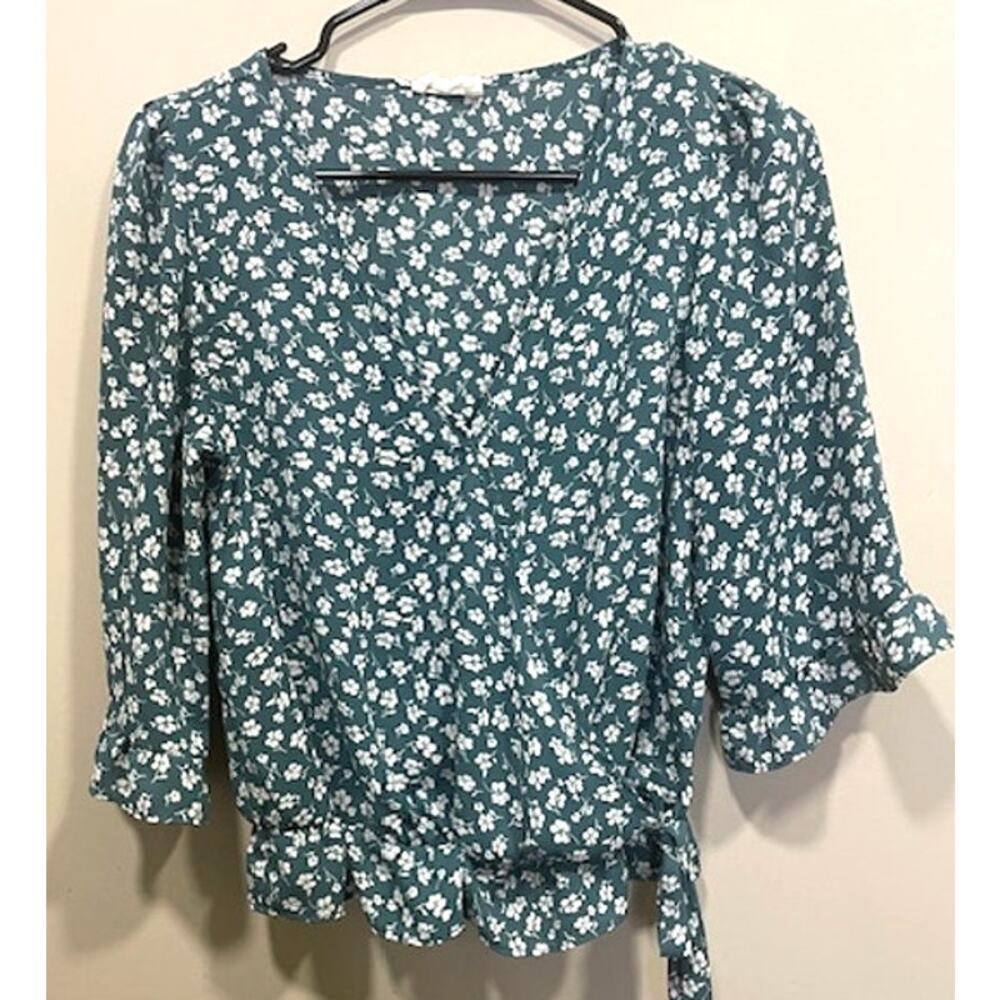 Sienna Sky Blouse Womens XS Teal Floral Wrap Tie Bow Fairy